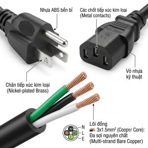 Dây Nguồn NEMA 5-15P Sang C13 3x1.5mm² Dài 1.5m | Cáp Nguồn Chuẩn Mỹ 10A 250V Cho PC, UPS, PDU