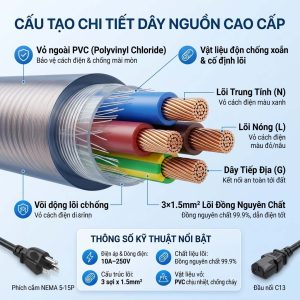 Dây Nguồn NEMA 5-15P Sang C13 3x1.5mm² Dài 1.5m | Cáp Nguồn Chuẩn Mỹ 10A 250V Cho PC, UPS, PDU