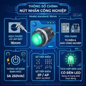Nút Nhấn R16-503A/B 16mm 3A 250VAC 2P/4P Có Đèn LED | Công Tắc Nhấn Giữ